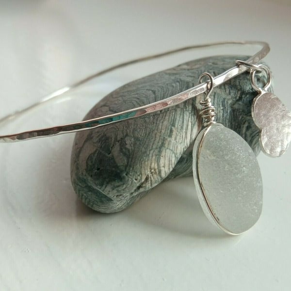 Recycled Sterling Silver Bangle with White Seaglass & Heart Charms-Small