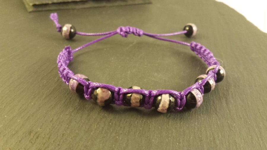 Purple and Black Agate in a Macrame adjustable bracelet