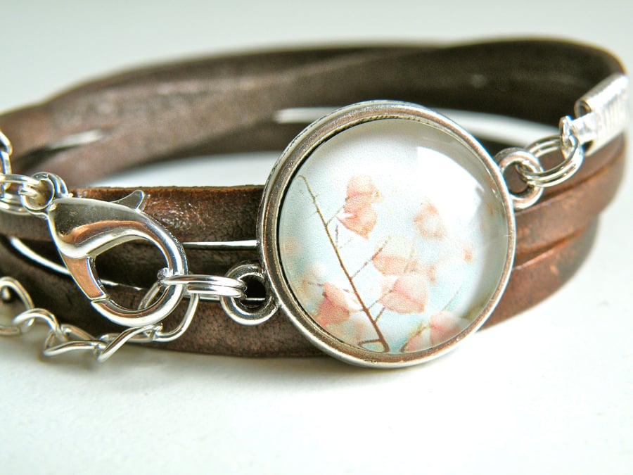 leather wrap bracelet - winter cherry blossom - silver plate