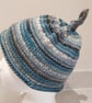 Handknit KNOTTY TOP BEANIE Stripey jacquard blue grey child teen adult small - Image 6