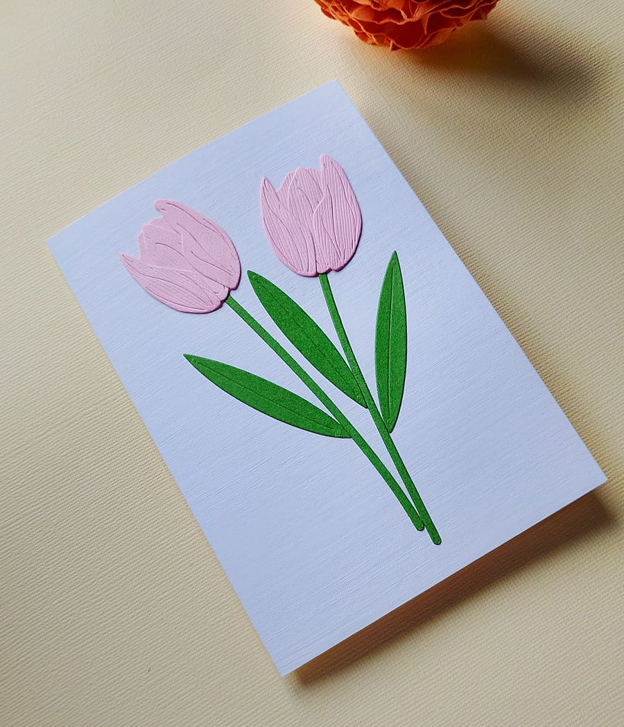 Light Pink Paper Tulip - Flower Shop Moments, Blank Handmade Floral Card 