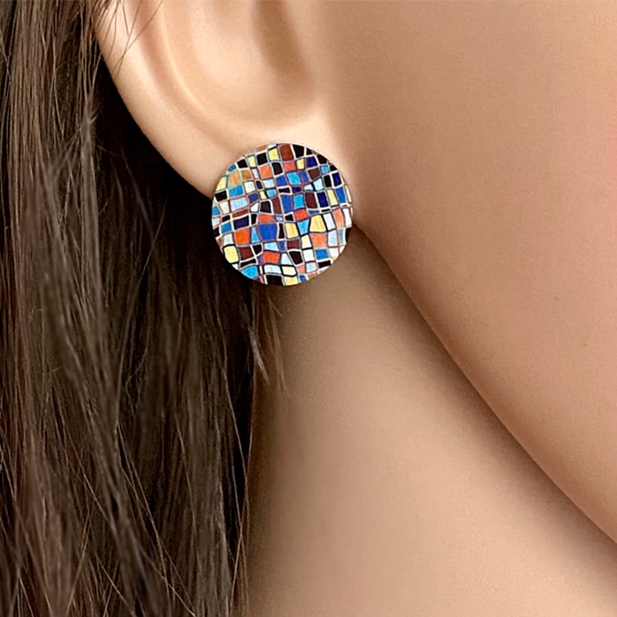 Geometric clip-on earrings for non pierced ears, colourful discs. C19-245