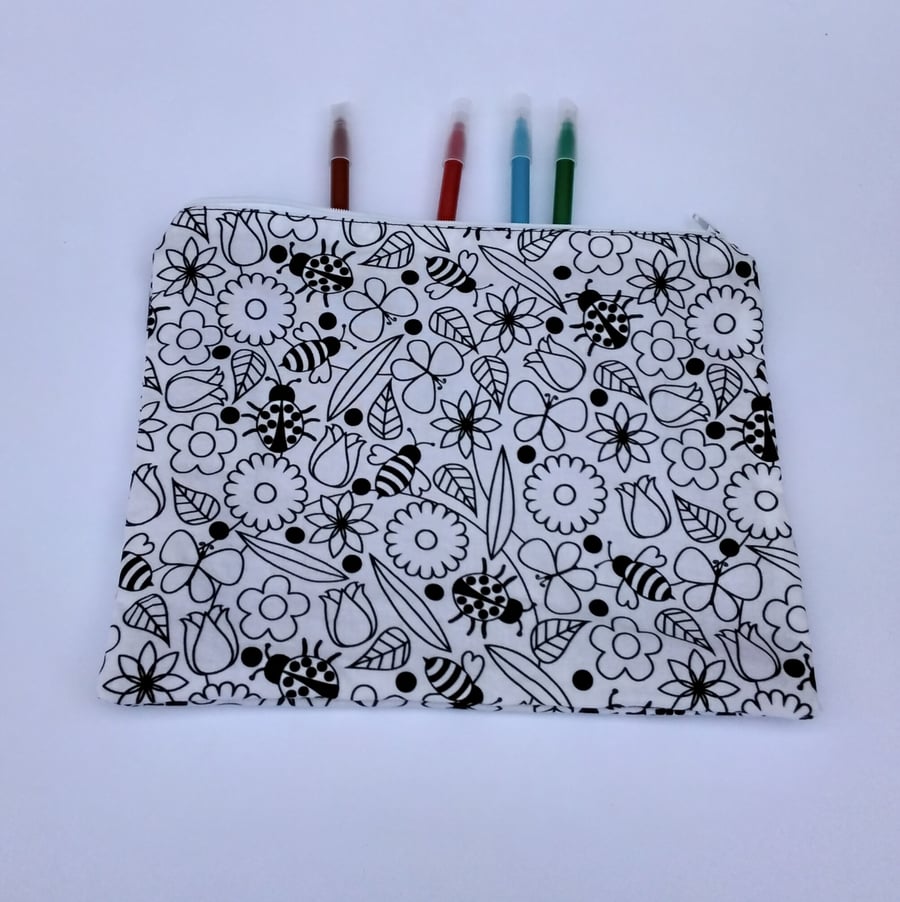 bugs and flowers Pencil Case to Colour, Large Pencil Case, letterbox gift set