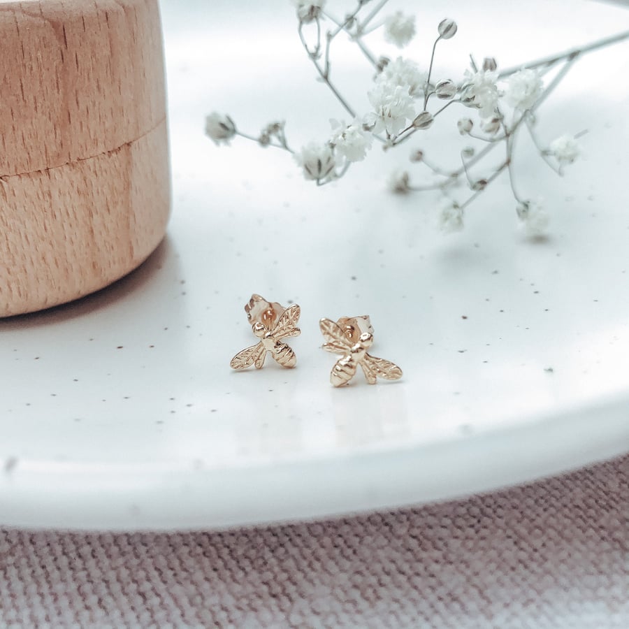 24k Gold Plated Sterling Silver Bee Earrings Tiny Honey Bee Stud Earrings Gifts 