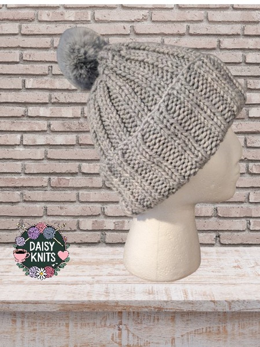 Hand Knitted Hat, Ladies Woolly Hat, Pom Pom Hat