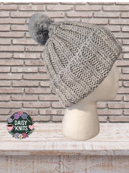 Hand Knitted Hat, Ladies Woolly Hat, Pom Pom Hat
