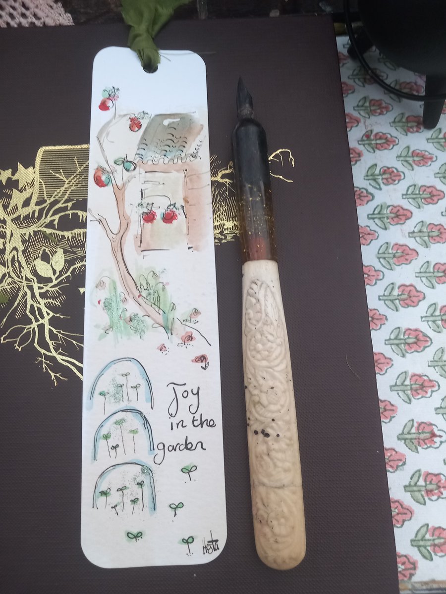  ' joy in the garden' Hand drawn and painted bookmark with silk ribbon '