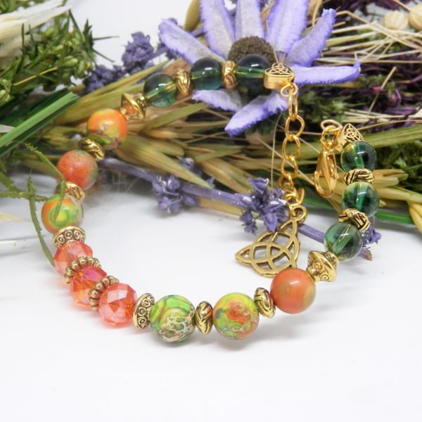 Orange And Green Jasper Memory Wire Beaded Bracelet
