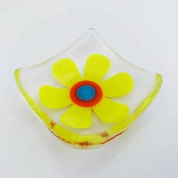 Fused Glass Retro Yellow Flower Dish - Handmade Glass Dish