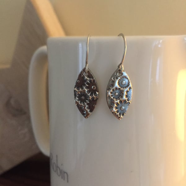 Fine silver flower print earrings