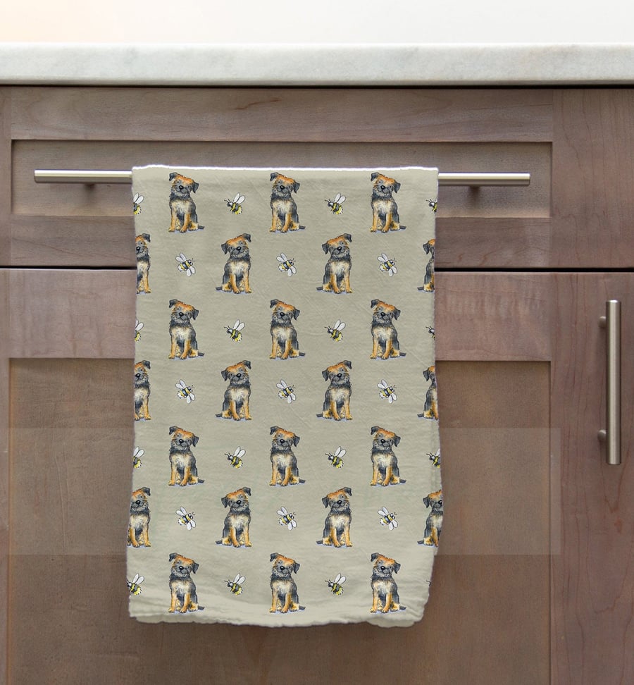 Border Terrier & Bee Tea Towel