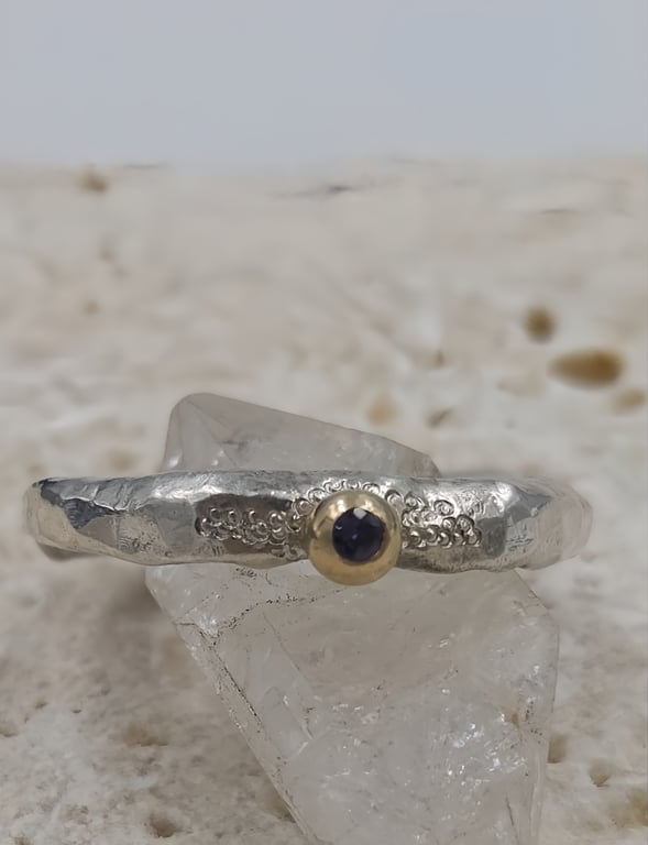 Hand Forged Sterling Silver Iolite Ring – 9ct Gold Detail - Size L