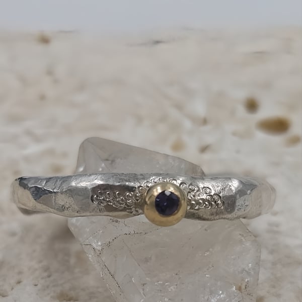 Hand Forged Sterling Silver Iolite Ring – 9ct Gold Detail - Size L