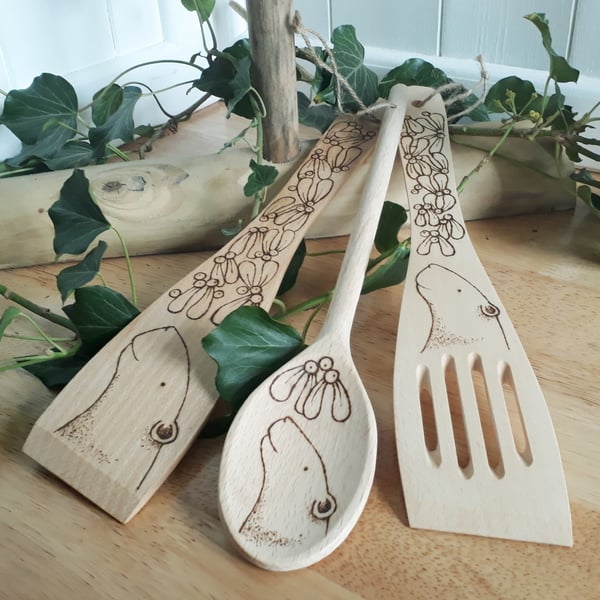 Three pyrography polar bear & mistletoe wooden kitchen utensils