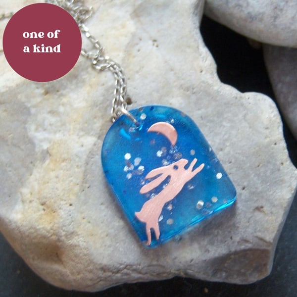 Hare & moon pendant in copper and resin