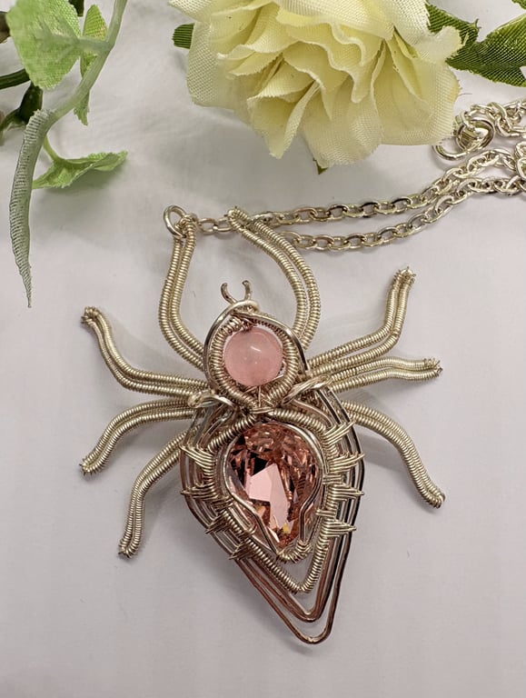 Silver wire wrapped Spider with Rose Quartz and crystal