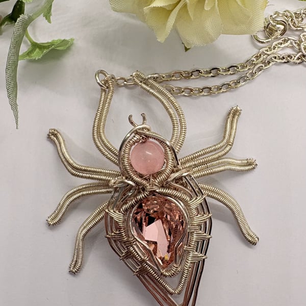 Silver wire wrapped Spider with Rose Quartz and crystal