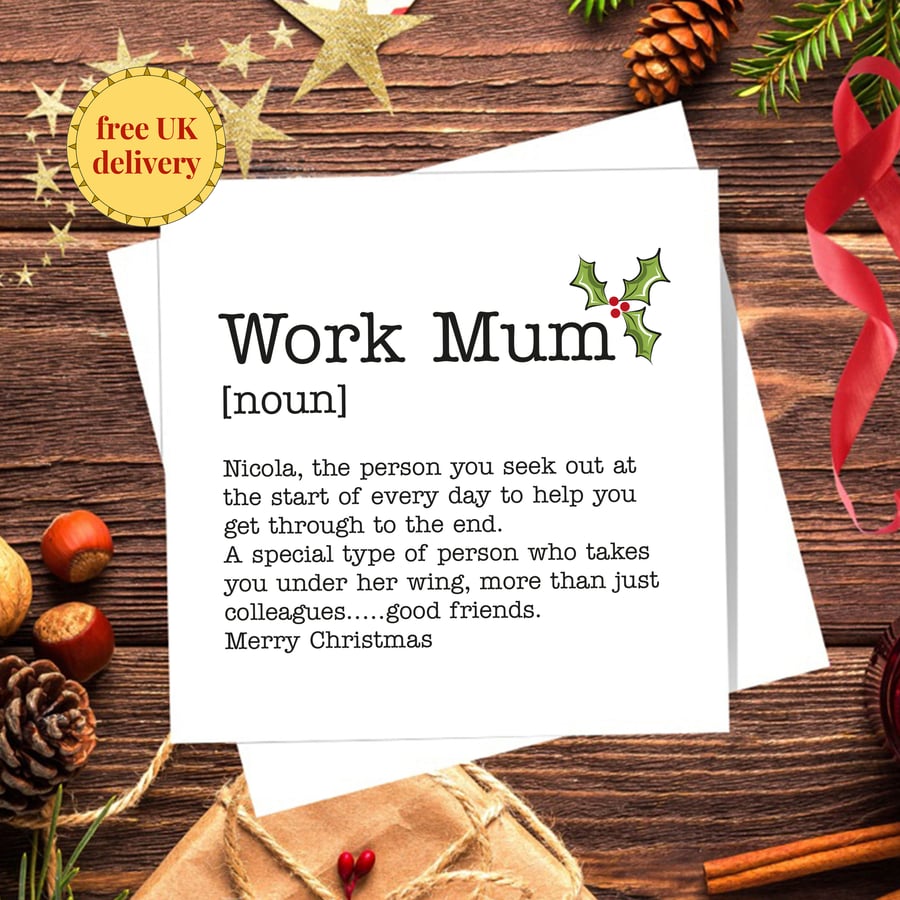 Work Mum Definition Christmas Card, personalised, blank inside