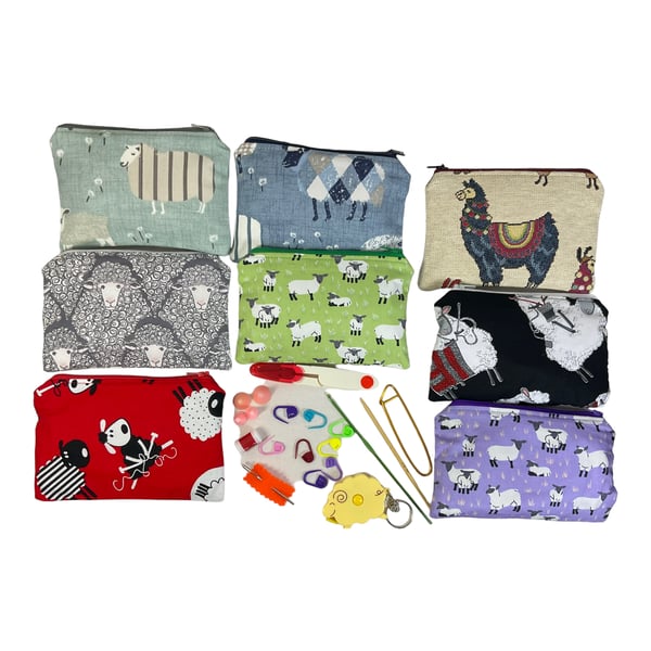 Kit for Knitters and crocheters in sheep fabric and filled with craft tools, 