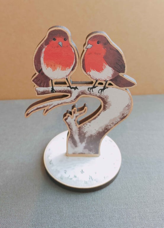 Wooden Standee - Robins on a tree branch (Approx 65mm x 90mm)