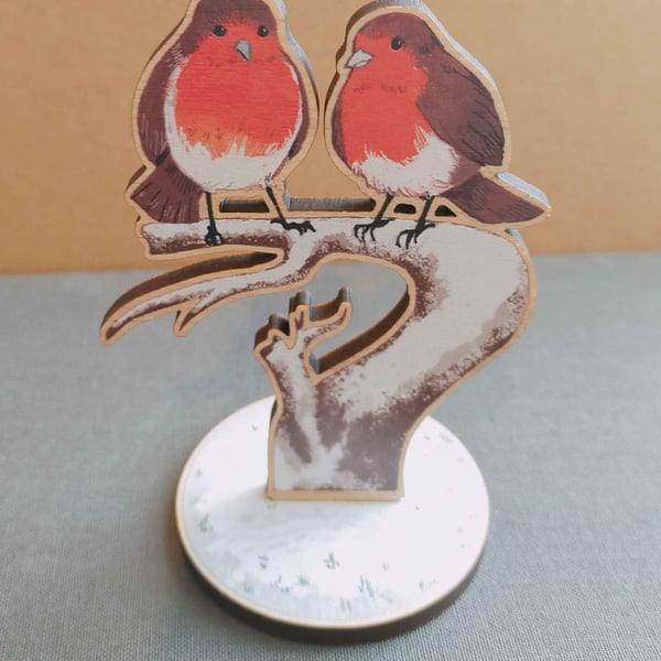 Wooden Standee - Robins on a tree branch (Approx 65mm x 90mm)