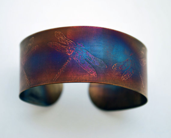 Coloured steel dragonfly cuff, Multi coloured stainless steel insect bangle, med