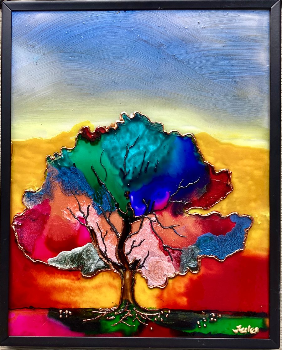 Vibrant tree of life glass art painting original 