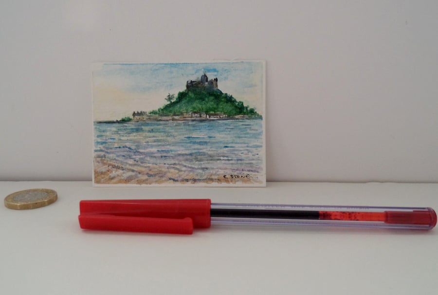 ACEO original miniature watercolour St. Michael's Mount Marazion Cornwall