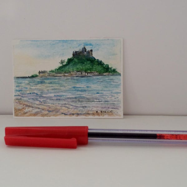 ACEO original miniature watercolour St. Michael's Mount Marazion Cornwall