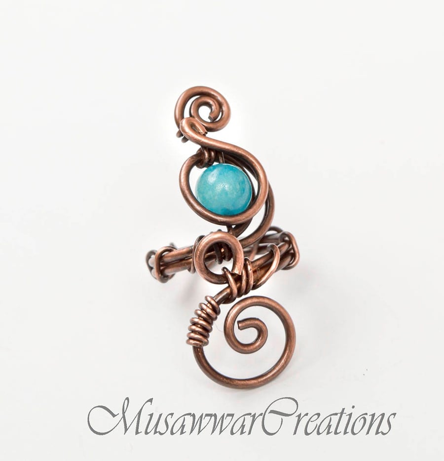Blue quartz Wire wrapped Antique copper adjustable ring ,copper ring, wire wrapp