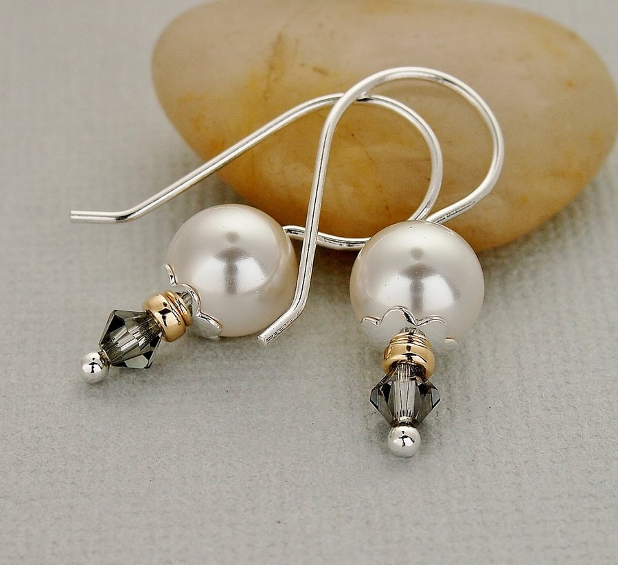 White Pearl Earrings - Swarovski Grey Crystal - Sterling Silver