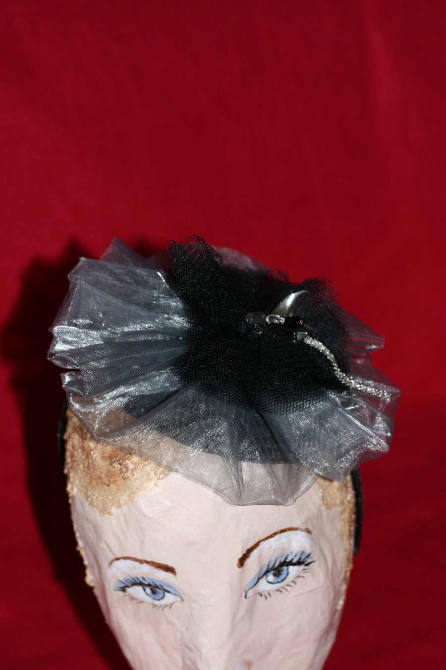 Black and dove grey tulle and organza fascinator