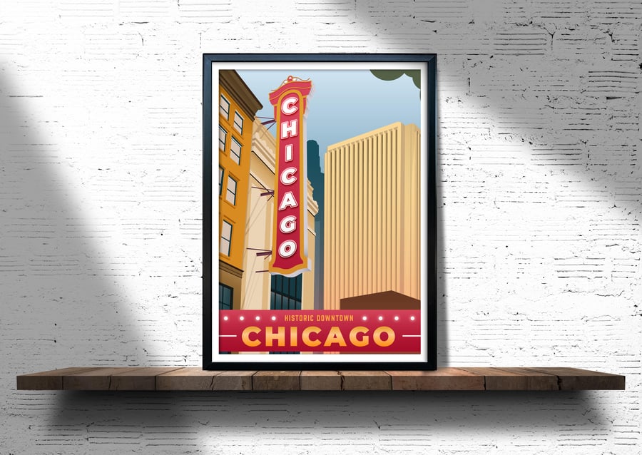 Chicago retro travel poster, Chicago travel print, USA travel art