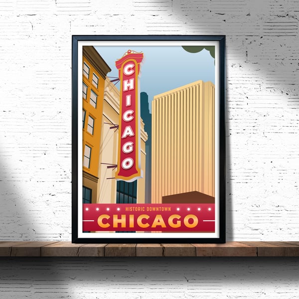 Chicago retro travel poster, Chicago travel print, USA travel art