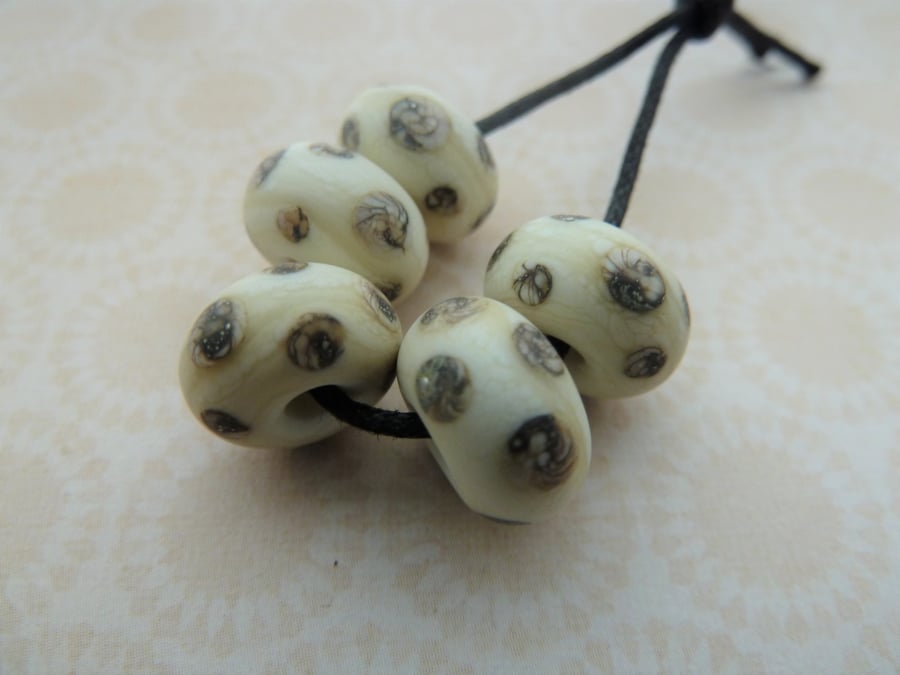 handmade lampwork glass beads, ivory spots