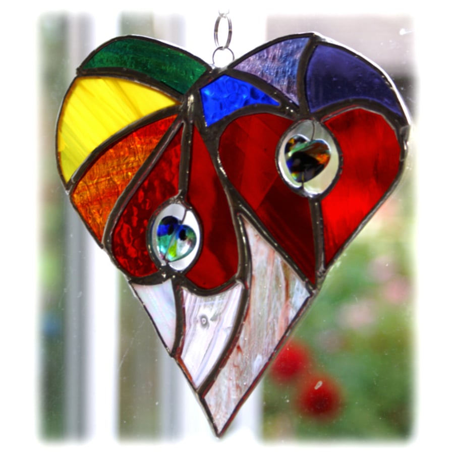 SOLD Heart of Hearts Suncatcher Rainbow Stained Glass 032