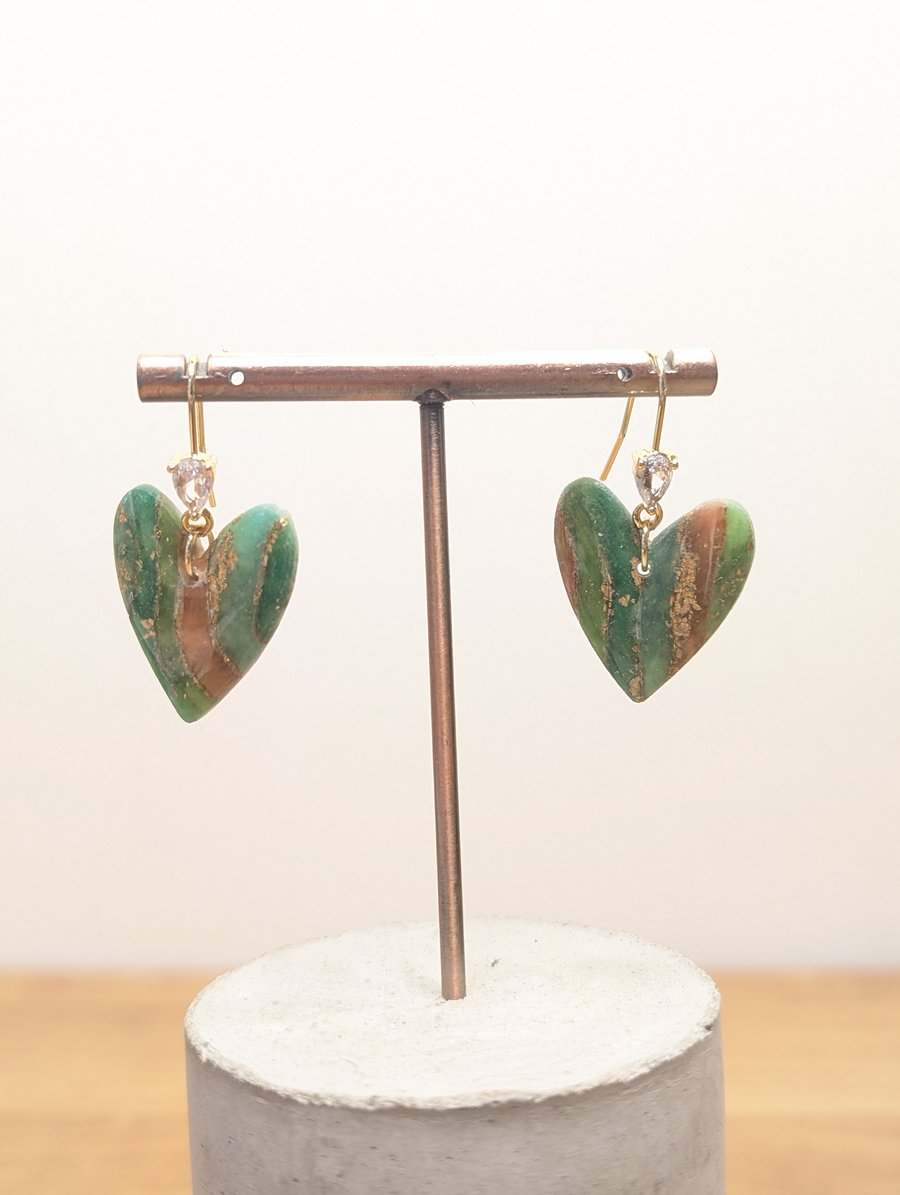Green earthy agate polymer clay earrings- heart gem
