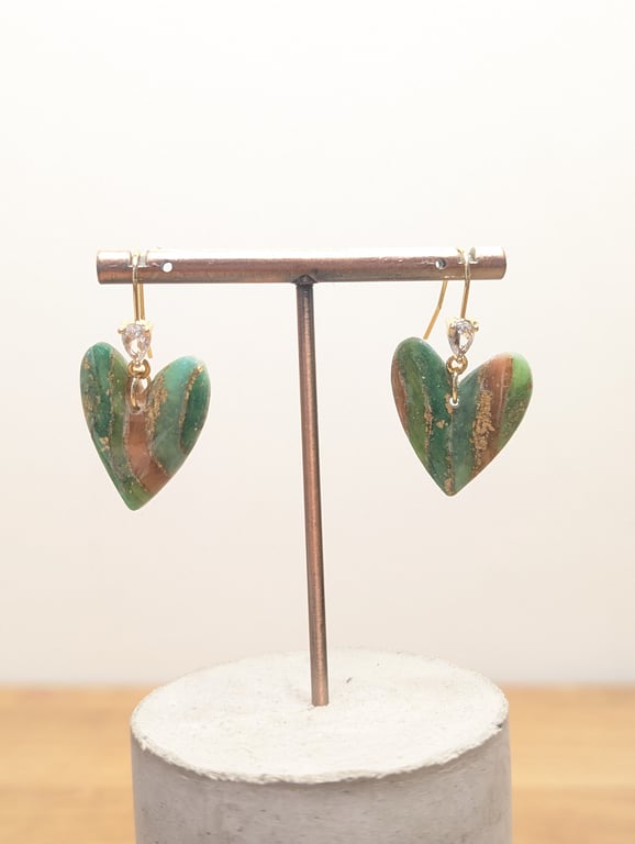 Green earthy agate polymer clay earrings- heart gem