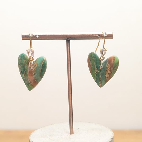 Green earthy agate polymer clay earrings- heart gem