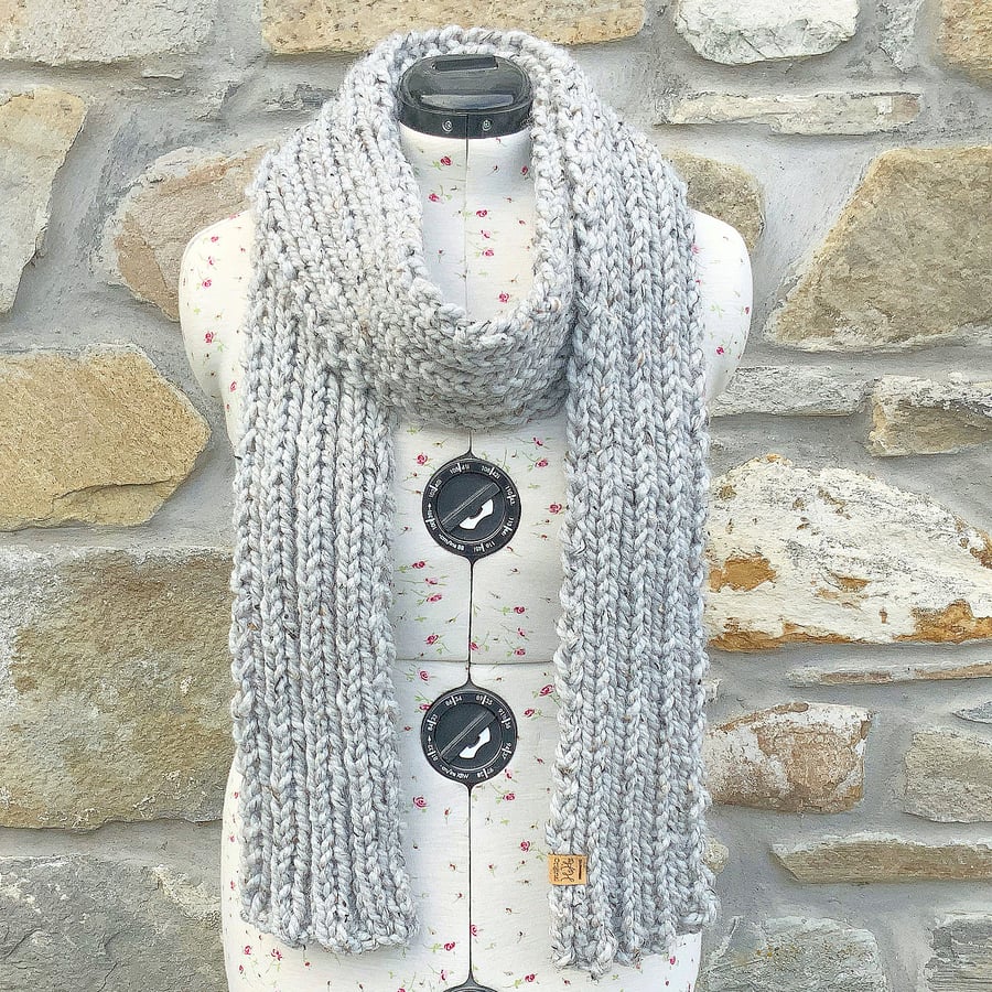 Chunky Scarf. Grey Scarf. Hand Knitted Scarf. Woollen Scarf. Winter Scarf.