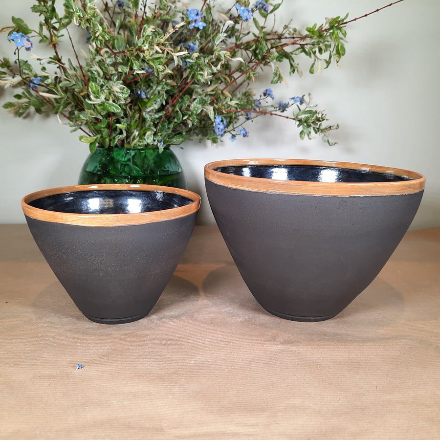 Pair of black stoneware ceramic serving bowls