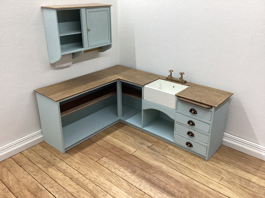 Dolls house kitchen sink and cupboards set 1:12 scale handmade miniature