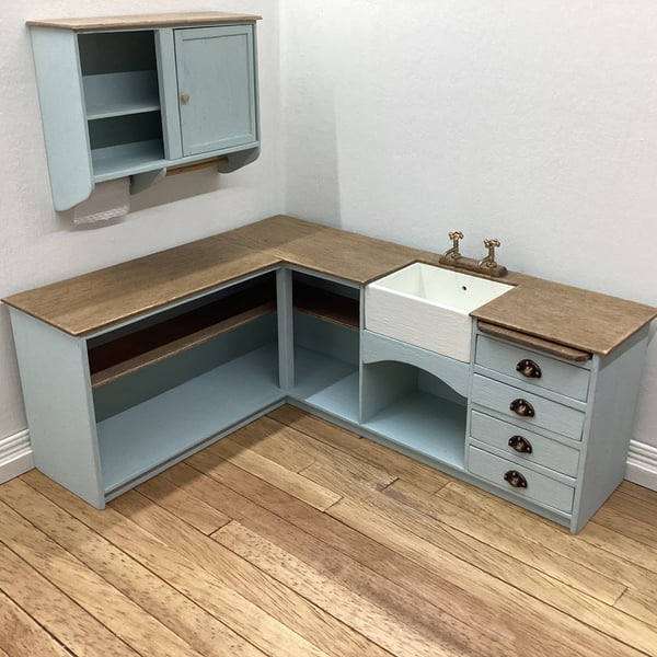 Dolls house kitchen sink and cupboards set 1:12 scale handmade miniature