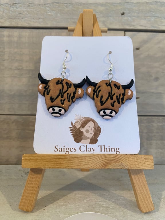 Highland Cow Earrings, Polymer Clay Farm Animal jewellery