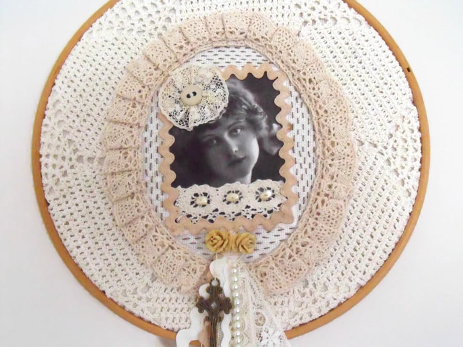 cottage chic vintage style mixed media lady hoop art wall hanging
