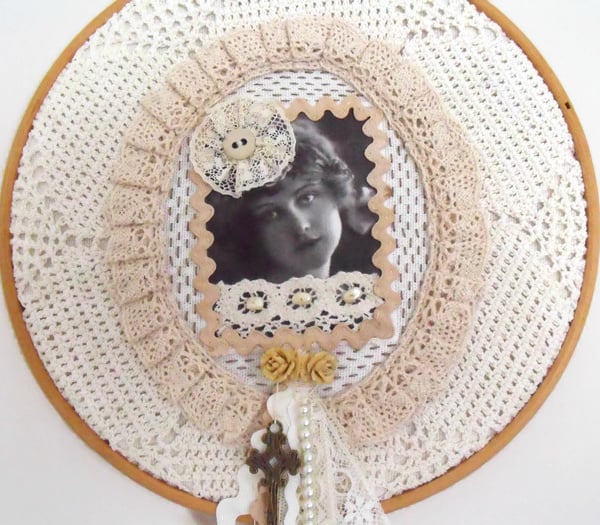 cottage chic vintage style mixed media lady hoop art wall hanging