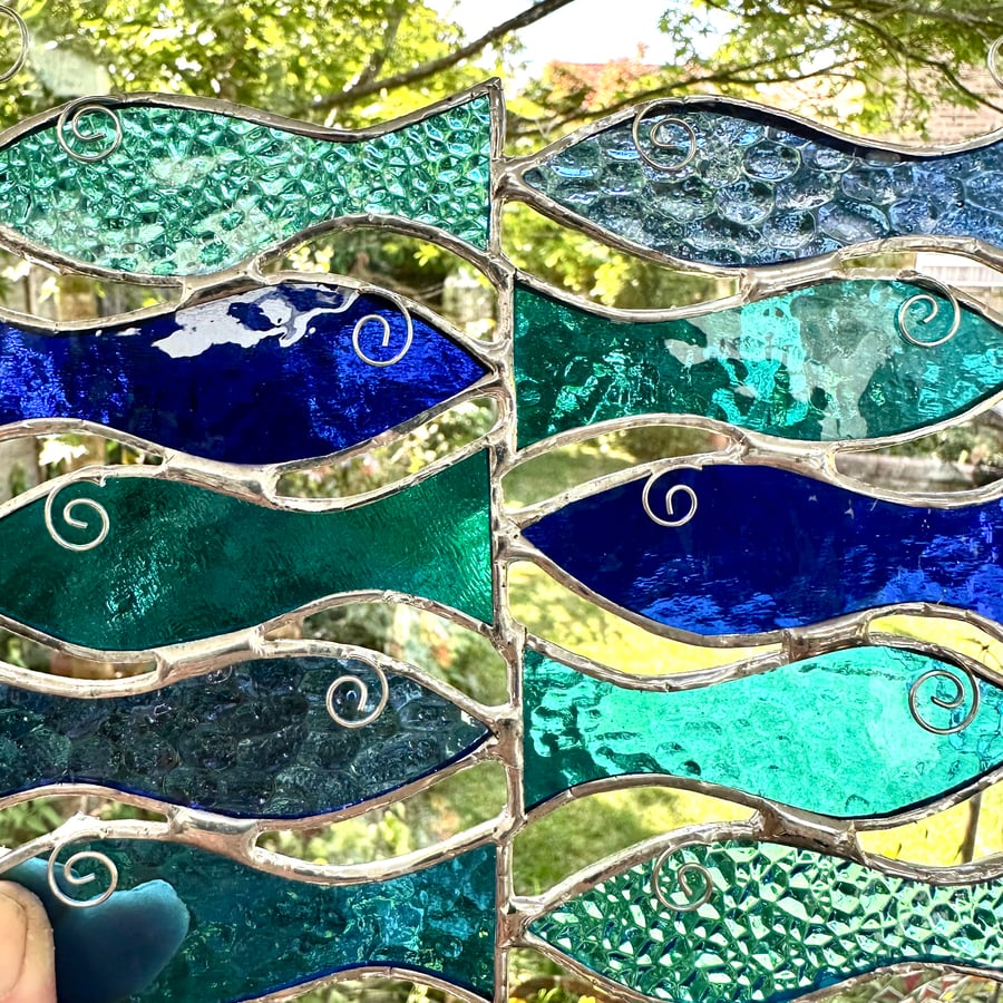 Stained Glass Fish Shoal Suncatcher X 10 - Window Decoration - Blue and Teal