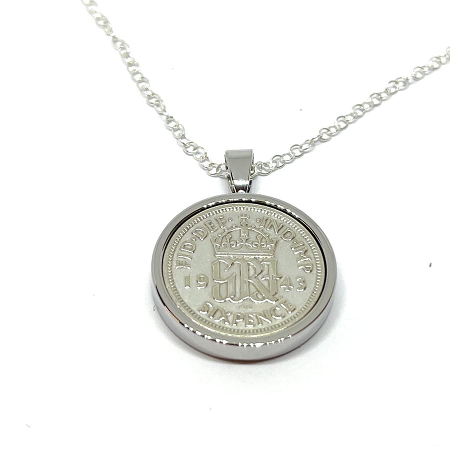1943 81st Birthday Anniversary sixpence coin pendant plus 18inch SS chain gift