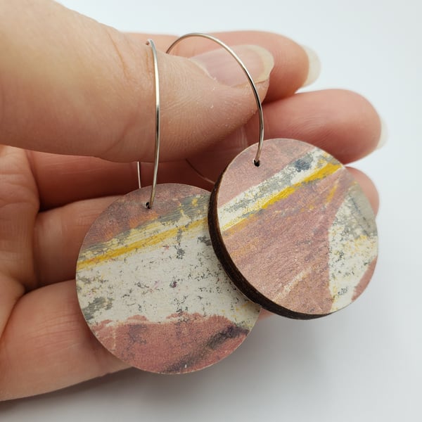 Pink, White, Grey and Yellow hand printed earrings