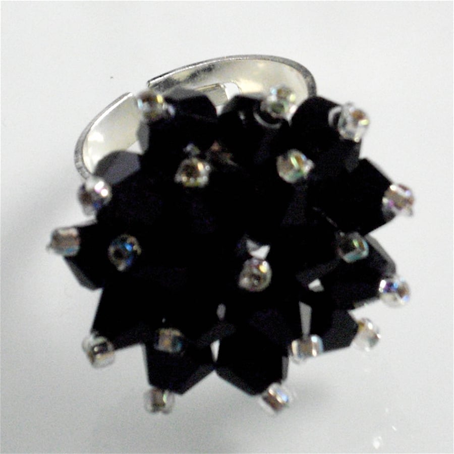 Black Crystal Bead Bling Ring - UK Free Post